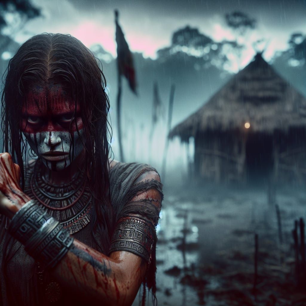 Aztec Warrior in Dystopian Swamp, Hyperrealistic Photo