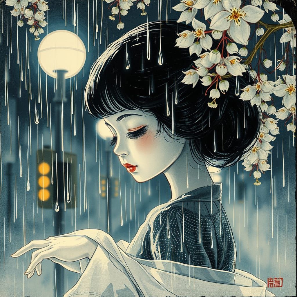 Porcelain Doll Dancing in Night Rain, Double Exposure Art