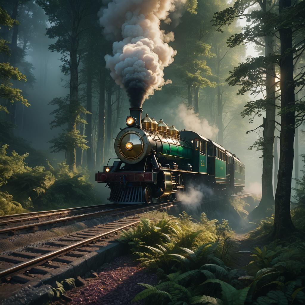 Mystical Steam Train in Emerald Forest