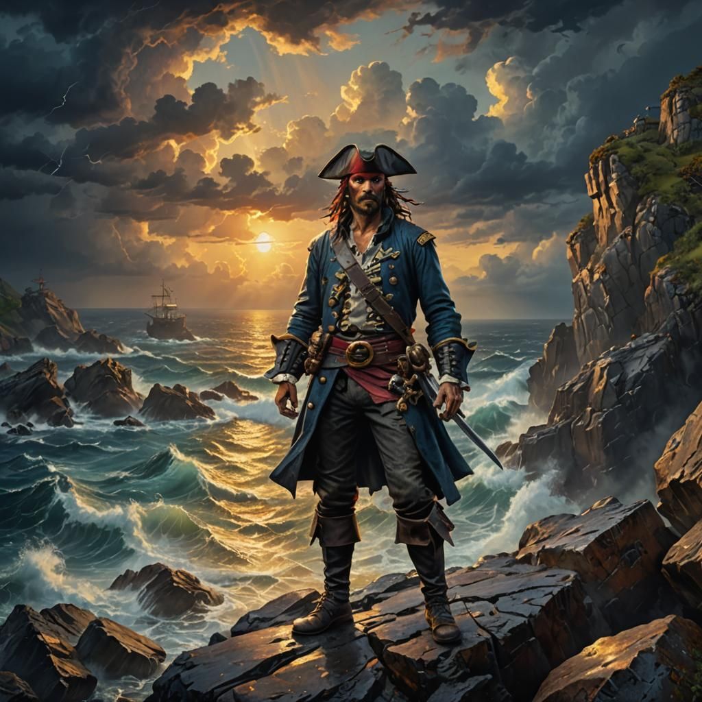 Pirate on Rocky Coastline: Oil Painting Adventure Art