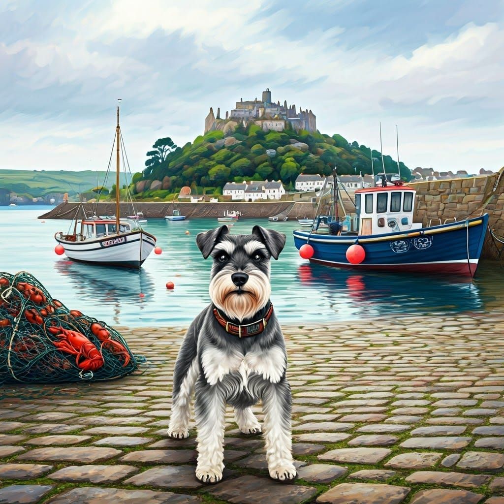 Mini Schnauzer at Cornish Harbour, Impressionist Style