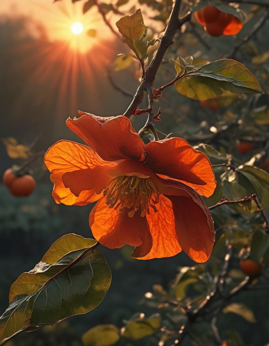 Crimson Sunset: Hyperdetailed Persimmon Petal Gravity