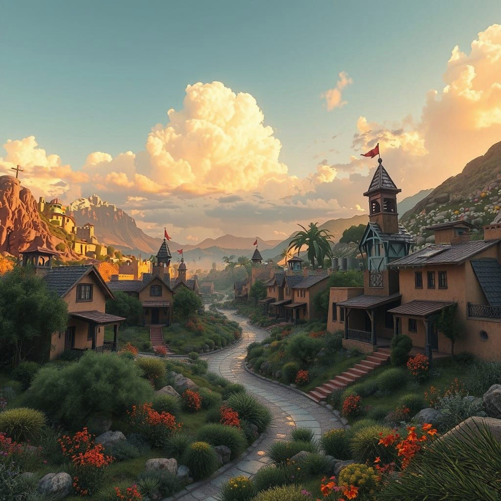 Enchanted Mexican Valley Village in Vibrant Fantasy Style