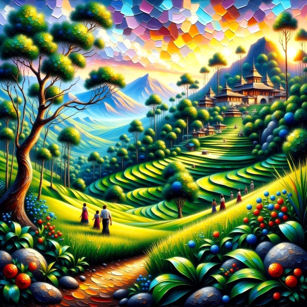 Bali Village at Golden Hour with Vibrant Rice Paddies and Jo...