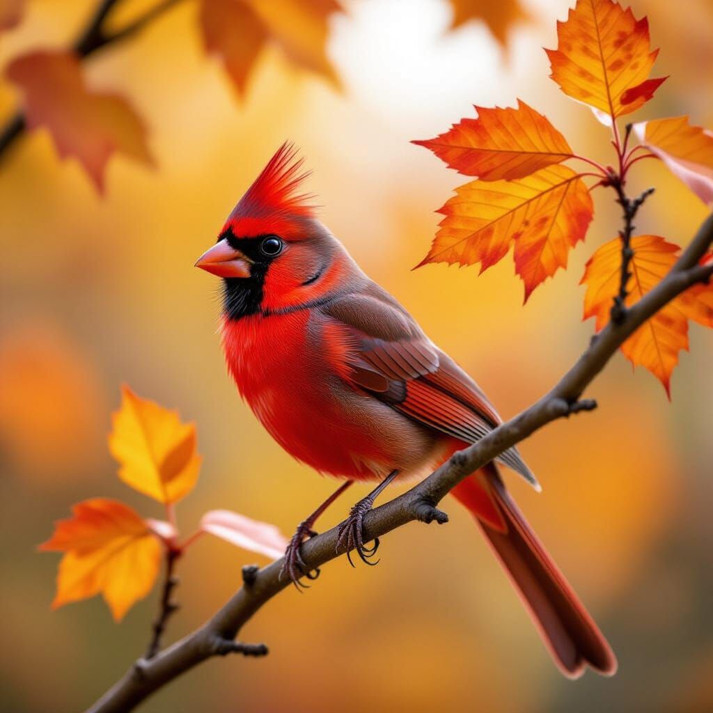 A red cardinal bird, up in a tree, on a tree branch, during ...