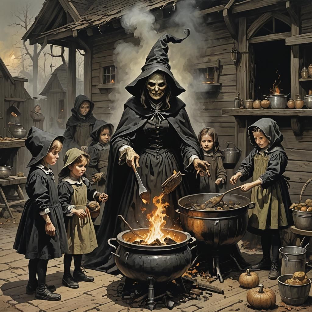 Sinister Witch Brews Children in Cauldron: Dark Fantasy