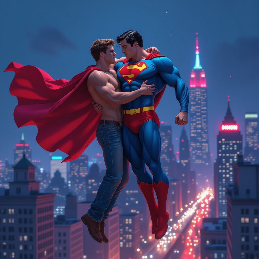 Shirtless Men Embrace Over Neon Cityscape