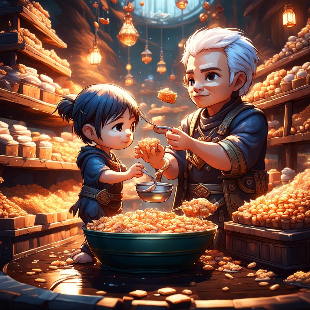Chibi Child Feeds Baby: Detailed Matte Painting