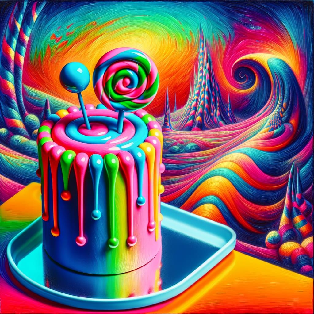 Surreal Neon Candy Cake with Psychedelic Background