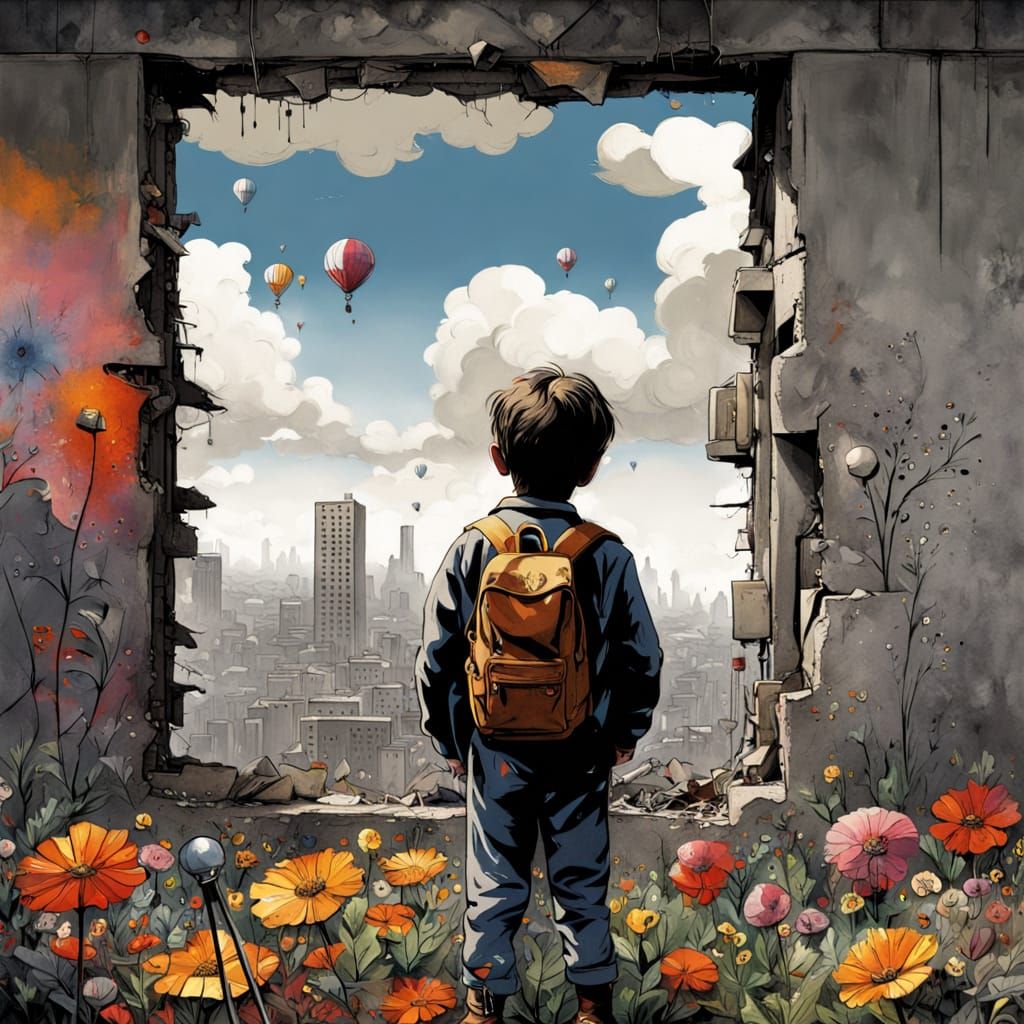Child's Colorful Mural in Dystopian City, Banksy Style