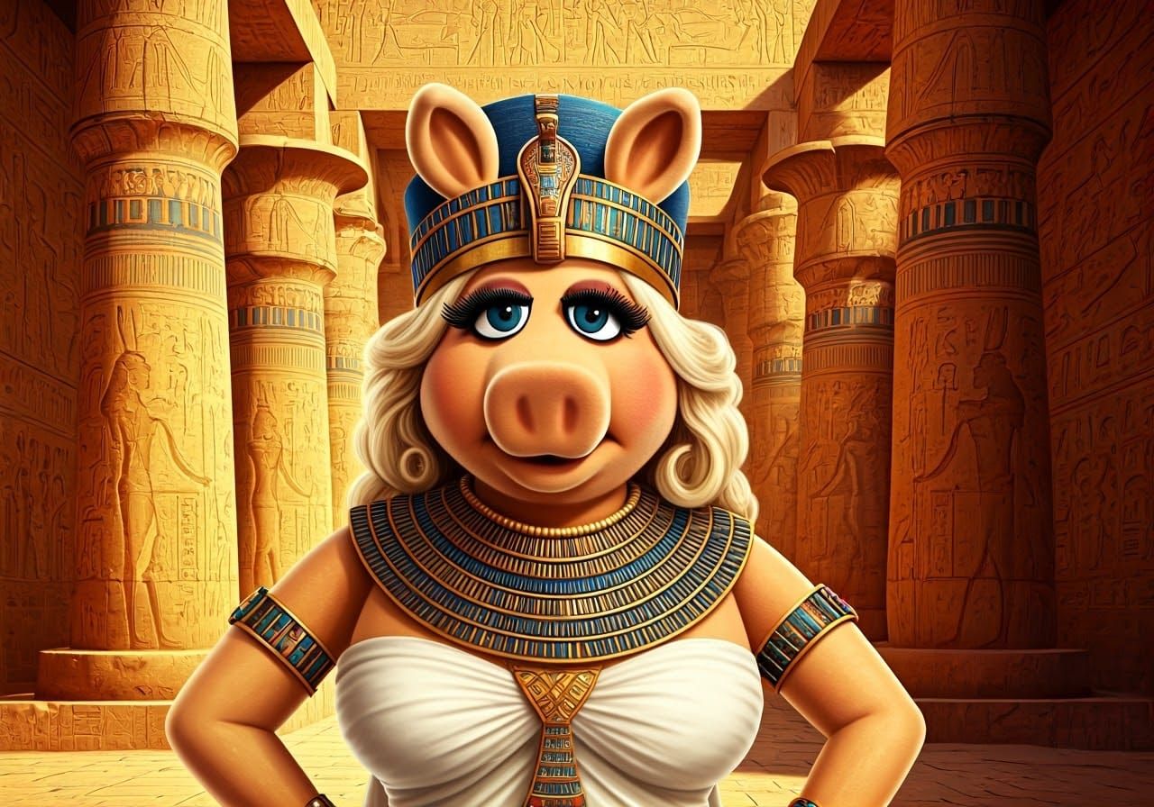 Miss Piggy dressed as Queen Hatshepsut in front of Queen Hat...