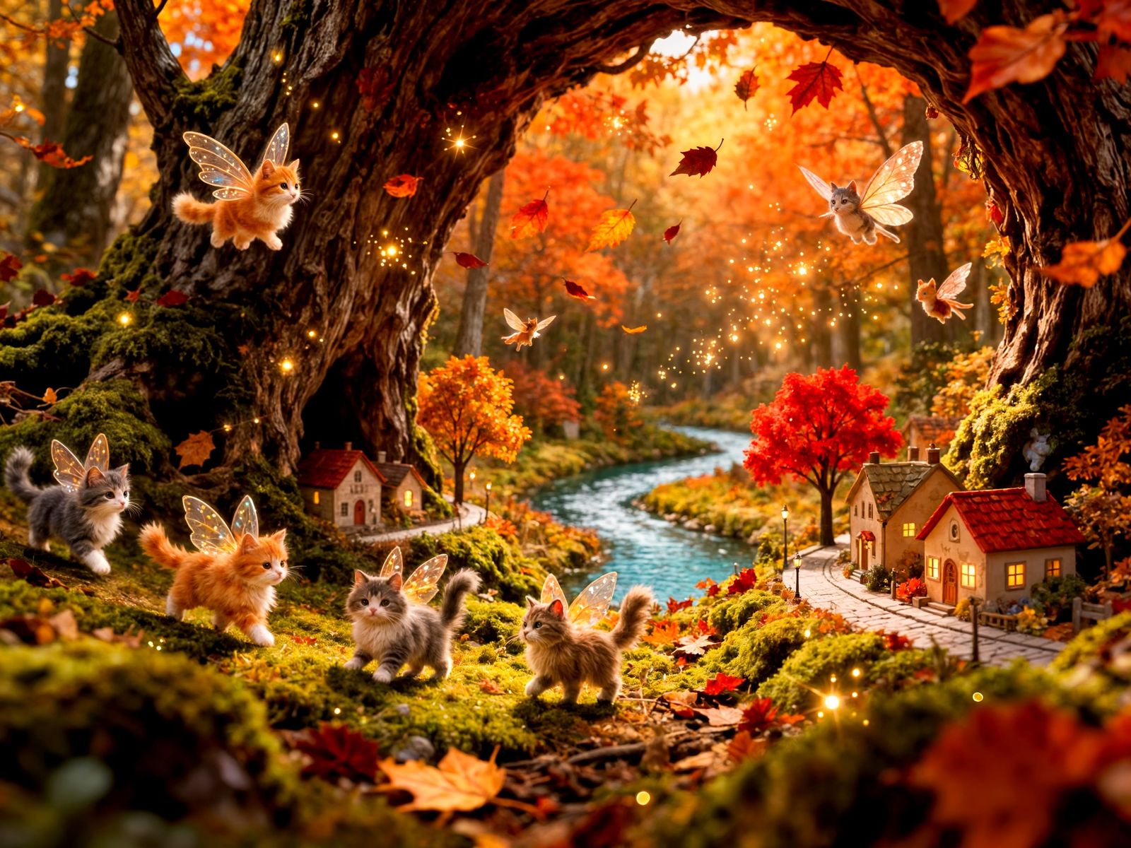 Magical Fall Cat Fairy Microcosm Inside a Tree