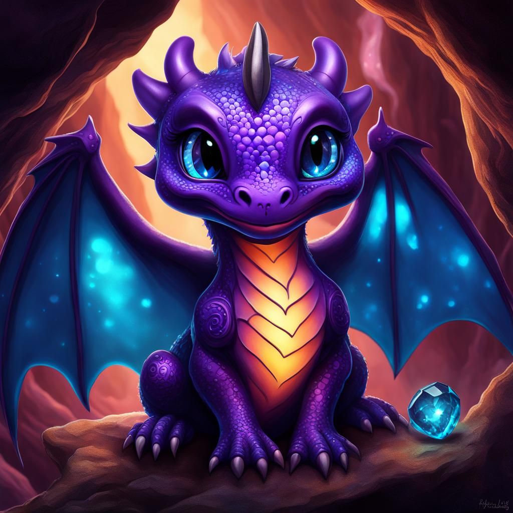 Chibi Dragon with Amethyst Heart in Bioluminescent Cave