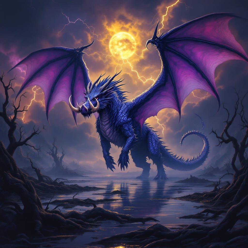 Majestic Boar Dragon Hybrid in Eerie Marsh Landscape