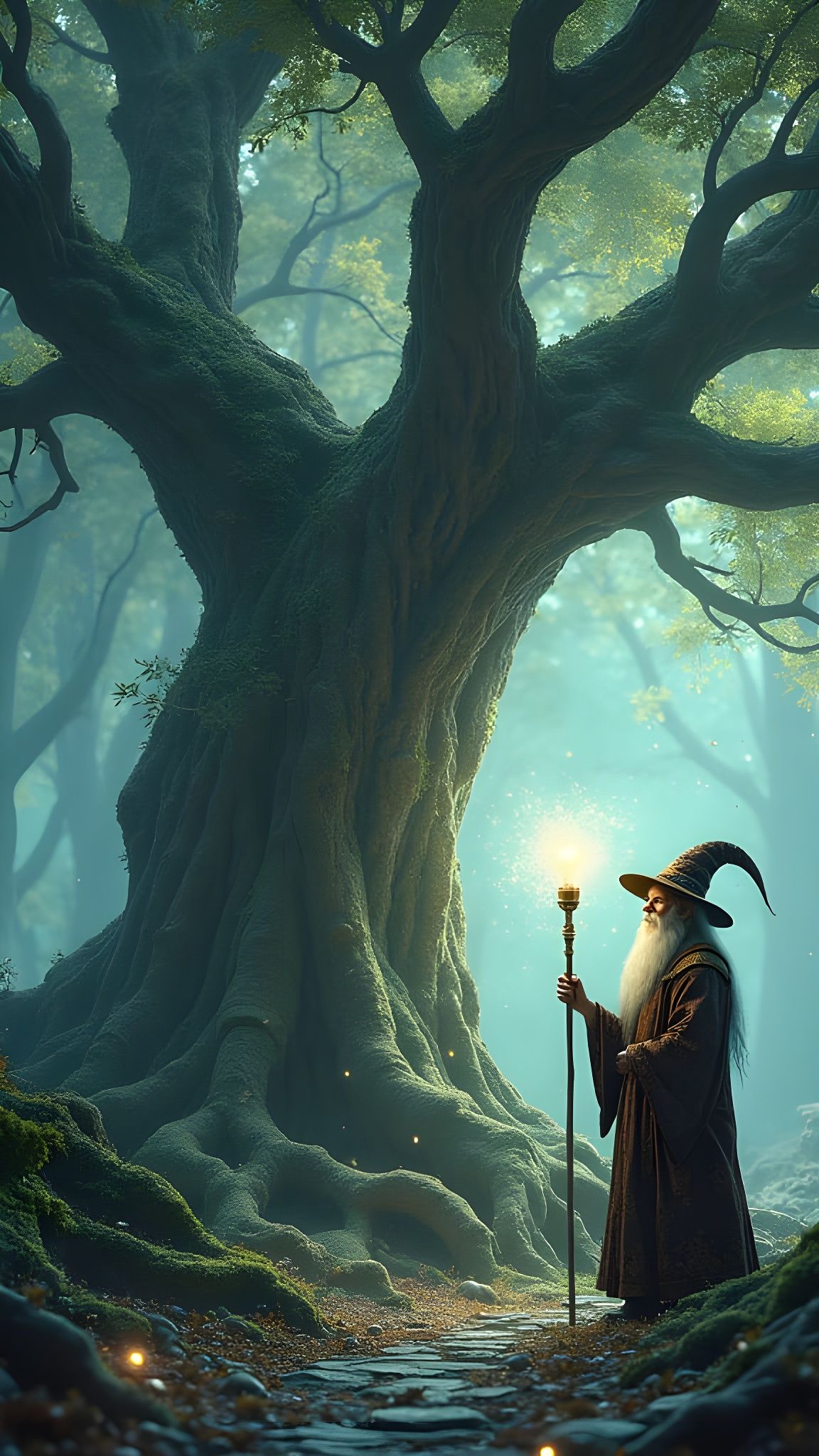 Mystical Tree with Wizard Casting Glowing Orbs