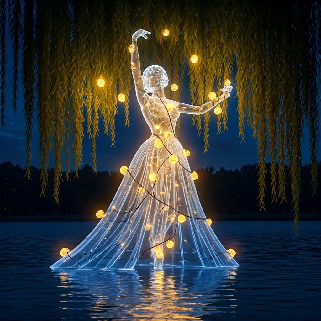 Surreal Dancing Figurine with Glowing Rose Lamps
