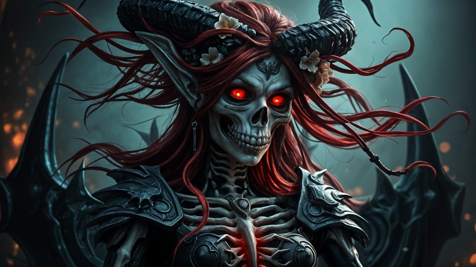 Ethereal Lich-Demon Portrait with Fiery Red Hair