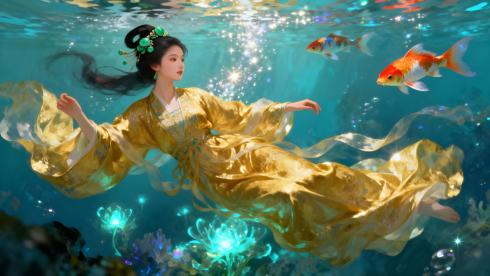 Woman in Golden Hanfu Floats in Sparkling Water with Koi