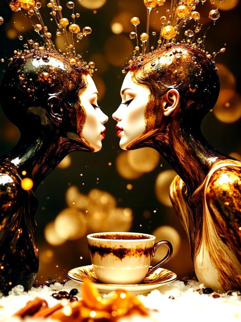 Gel Figures Kissing Over Coffee Cup