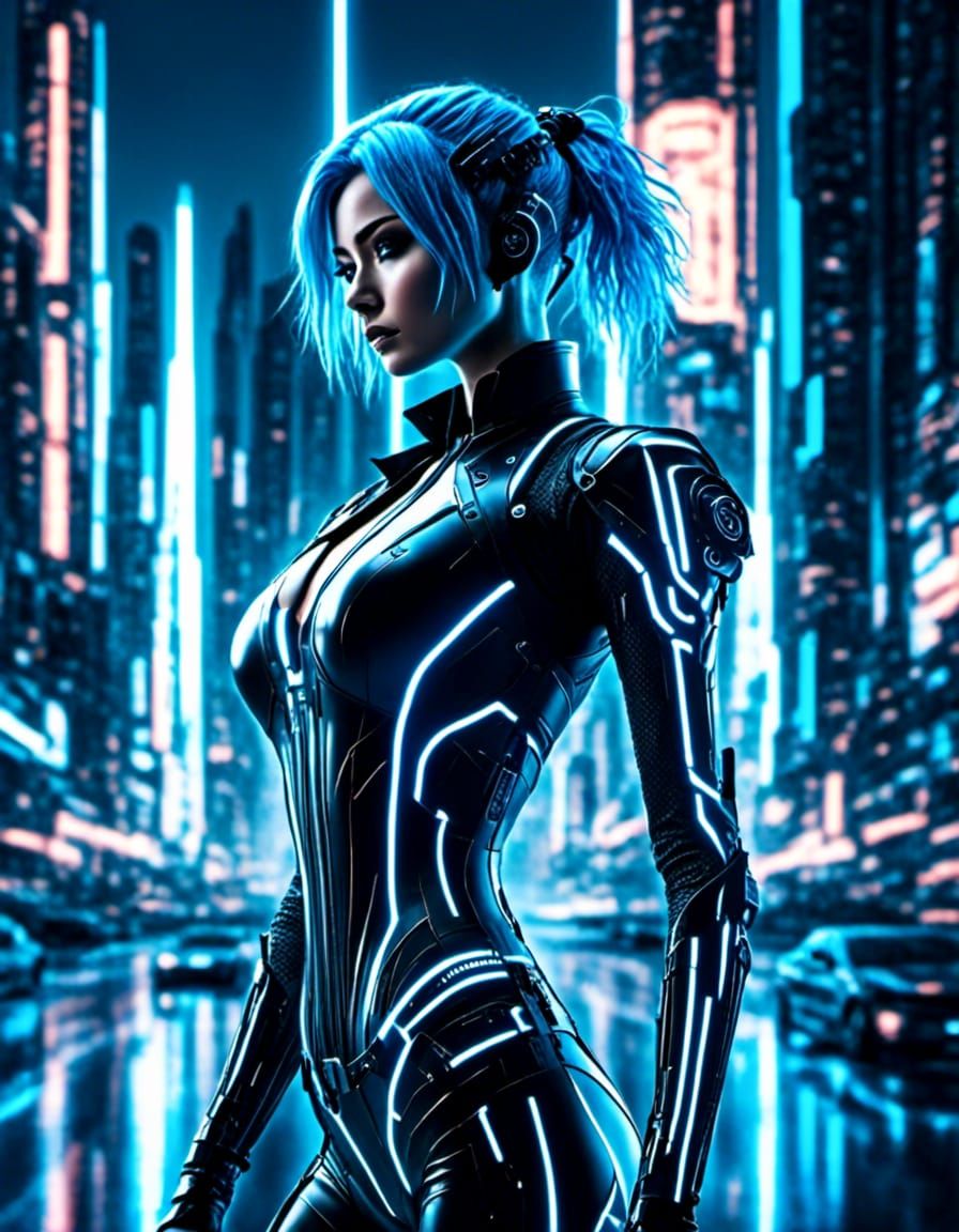 Anime Blue haired Woman in TRON style black and white glowing bodysuit in computer themed cityscape. Facing camera. 8K r...