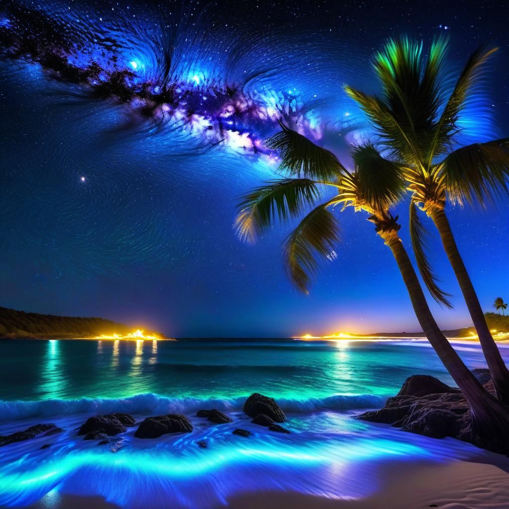 Bioluminescent Waves Under Starry Night Sky