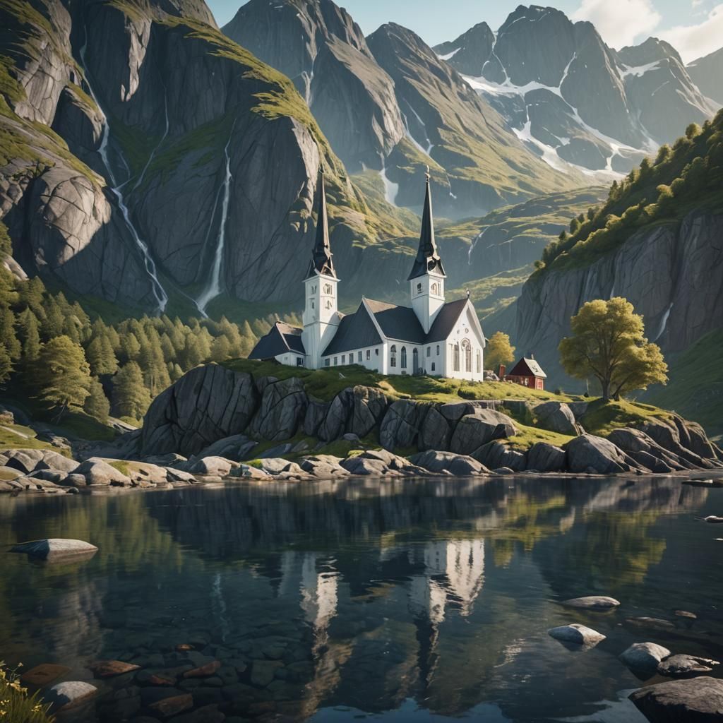 Norwegian Fjord Church in Detailed Matte Painting