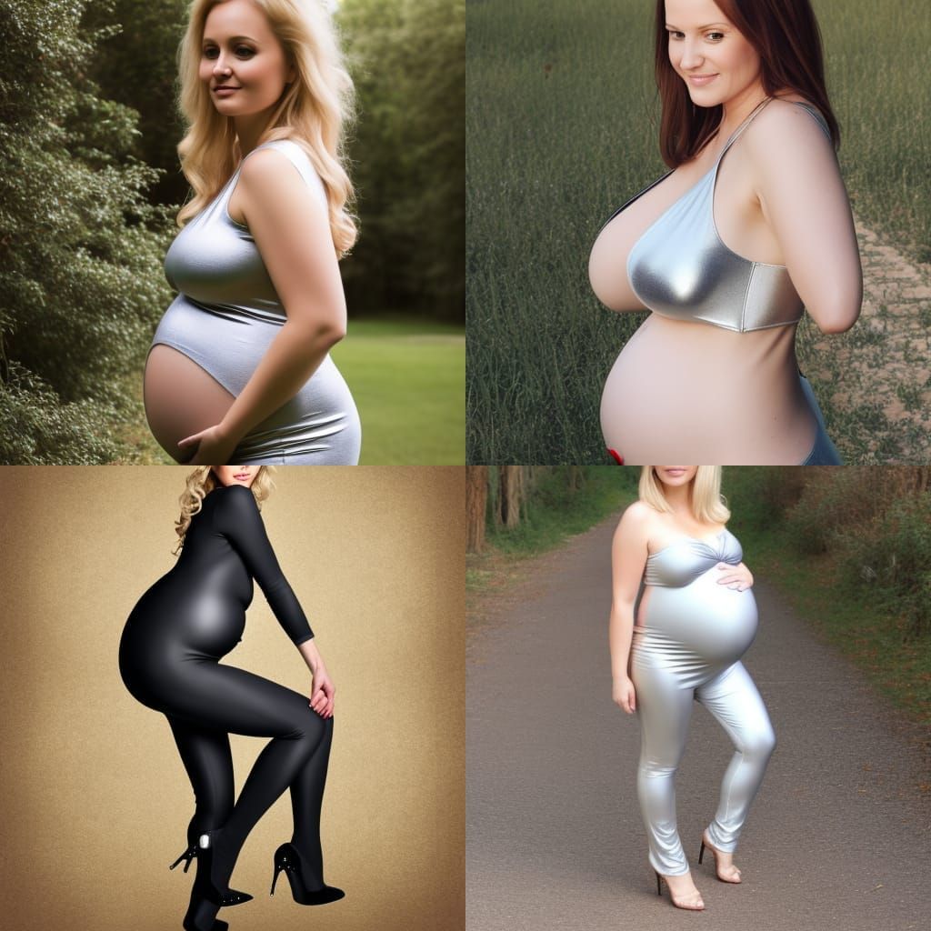 Beautiful Pregnant blonde portrait, silver catsuit