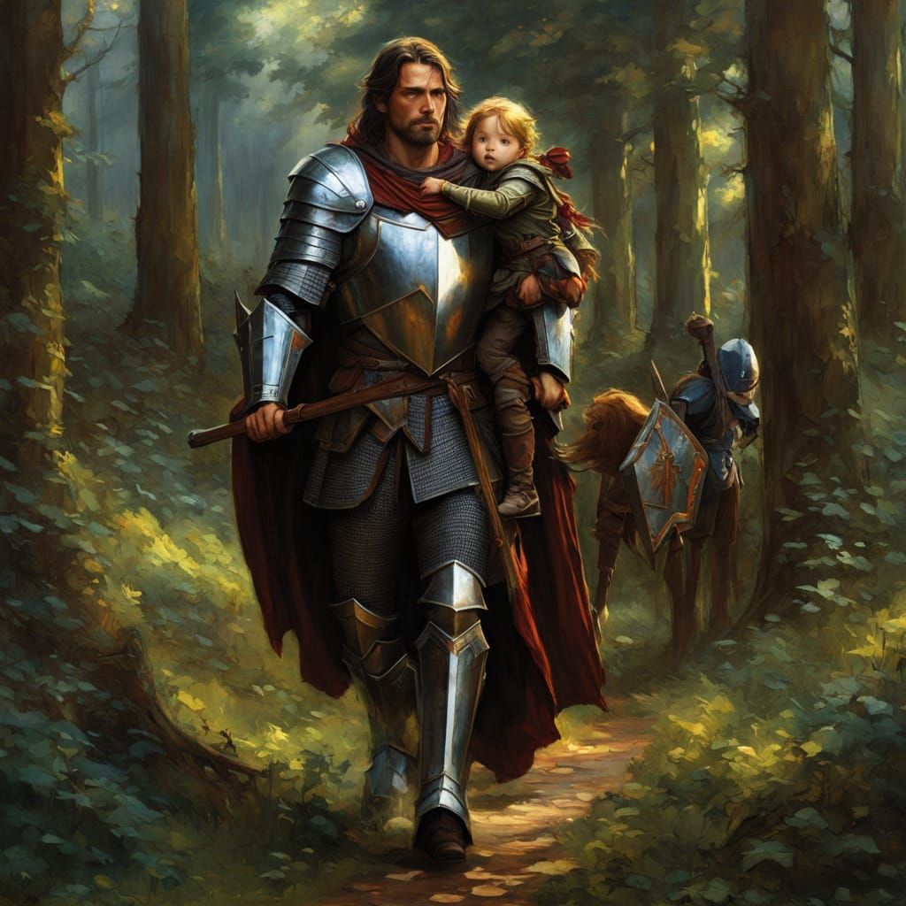 Fantasy Knight Carries Young Hero Through Dark Forest in Chi...