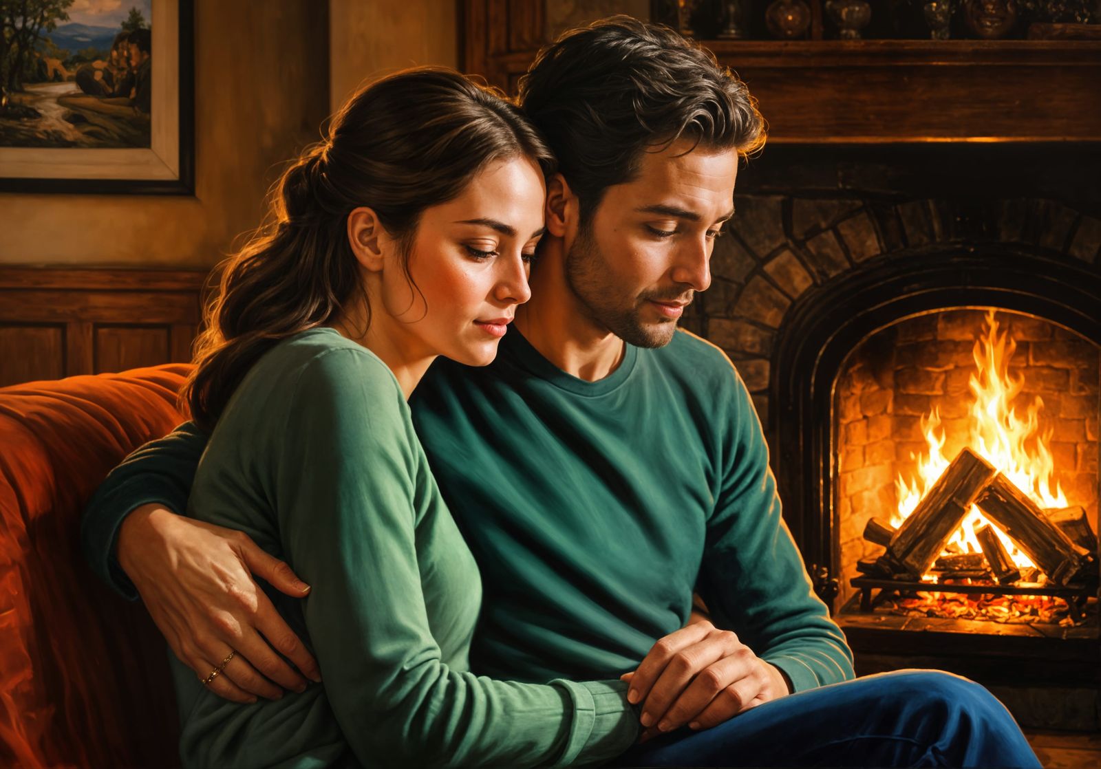 Romantic Couple by Firelight: Intimate Painting