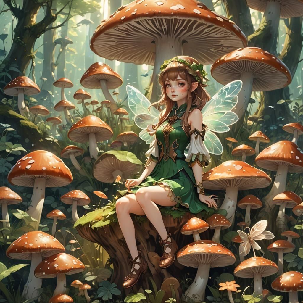 Mushroom Fairy in Magical Forest Landscape