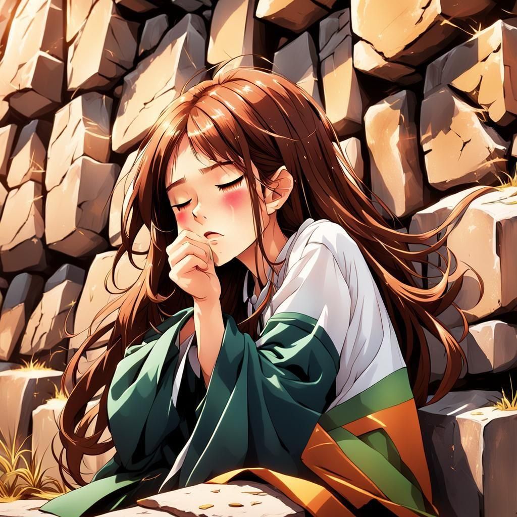 Anime Girl Coughing Against Stone Wall, Cel-Shaded