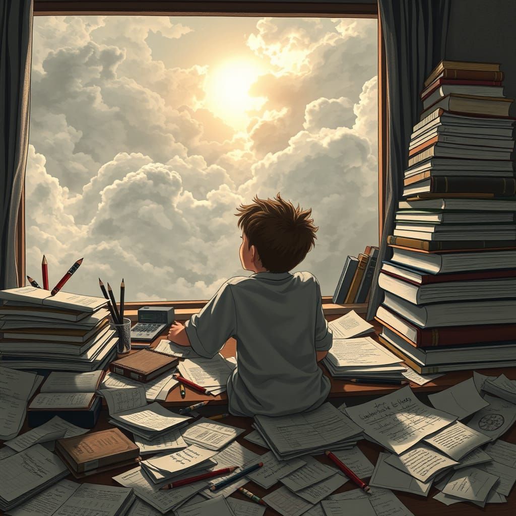 Student Amidst Cluttered Study Space Gazing Out at Moody Clo...