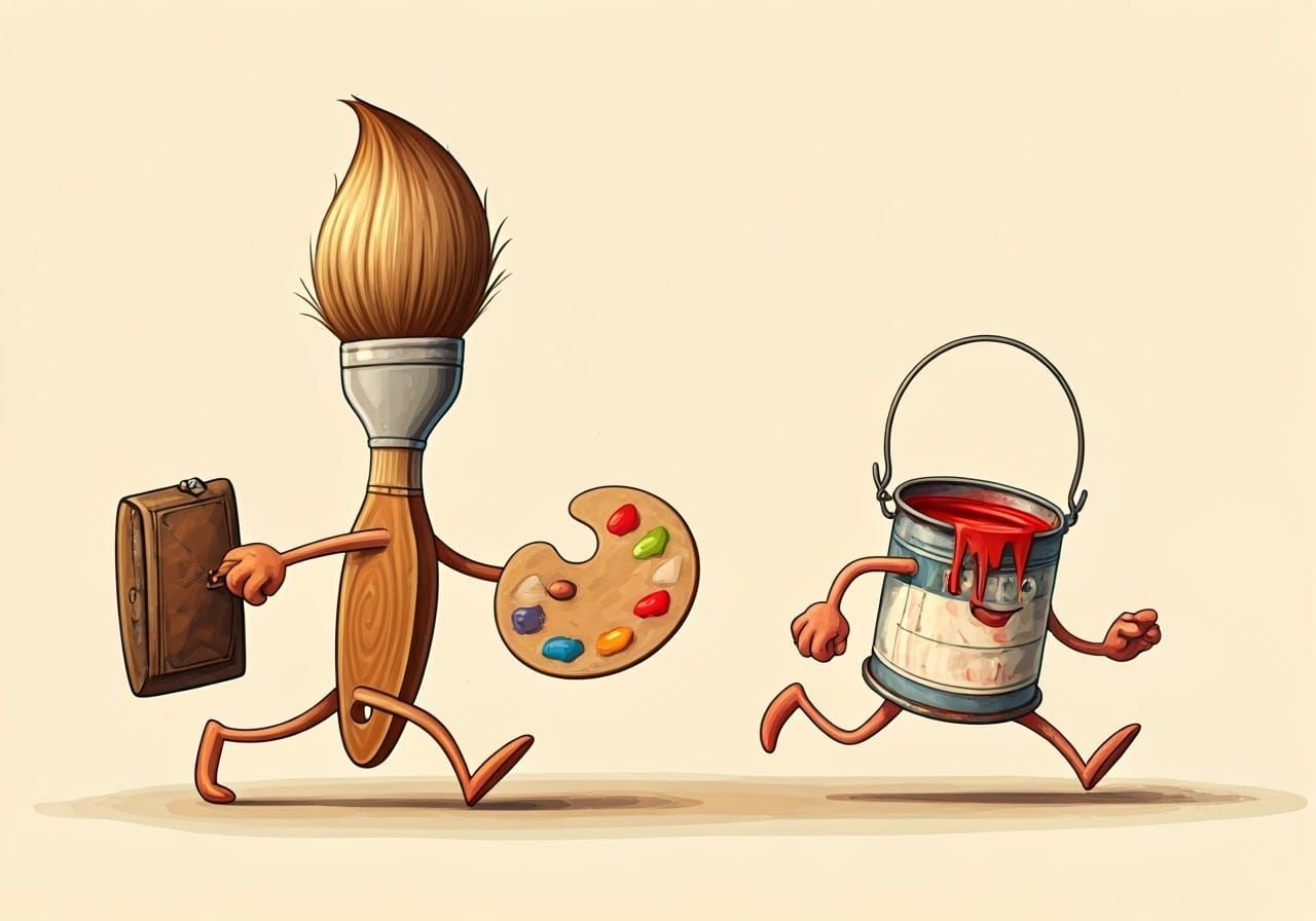 An anthropomorphic brush carrying a palette and chasing an a...