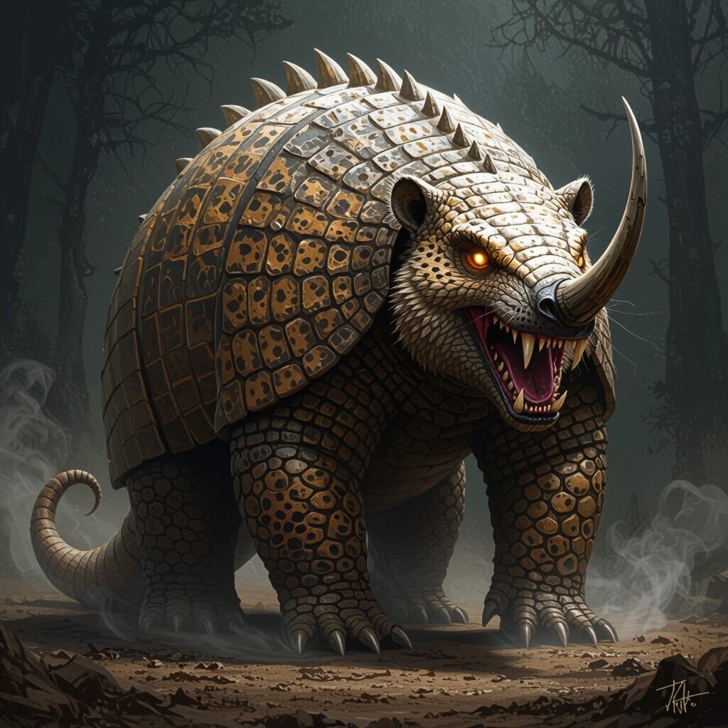 Giant Armadillo-Tiger Hybrid with Scorpion Tail in Dark Fant...
