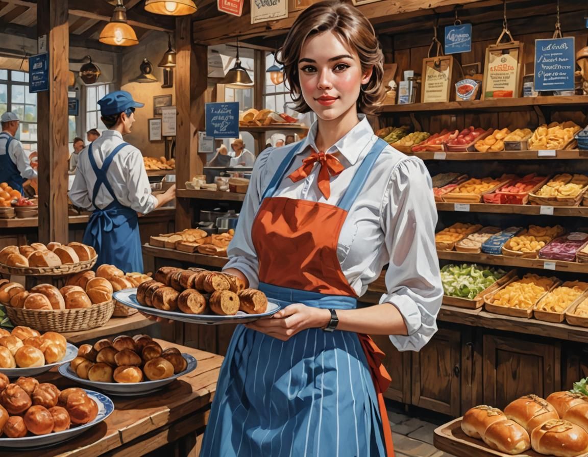 Saleswoman Serving Leberkäse in Contrasting Colors