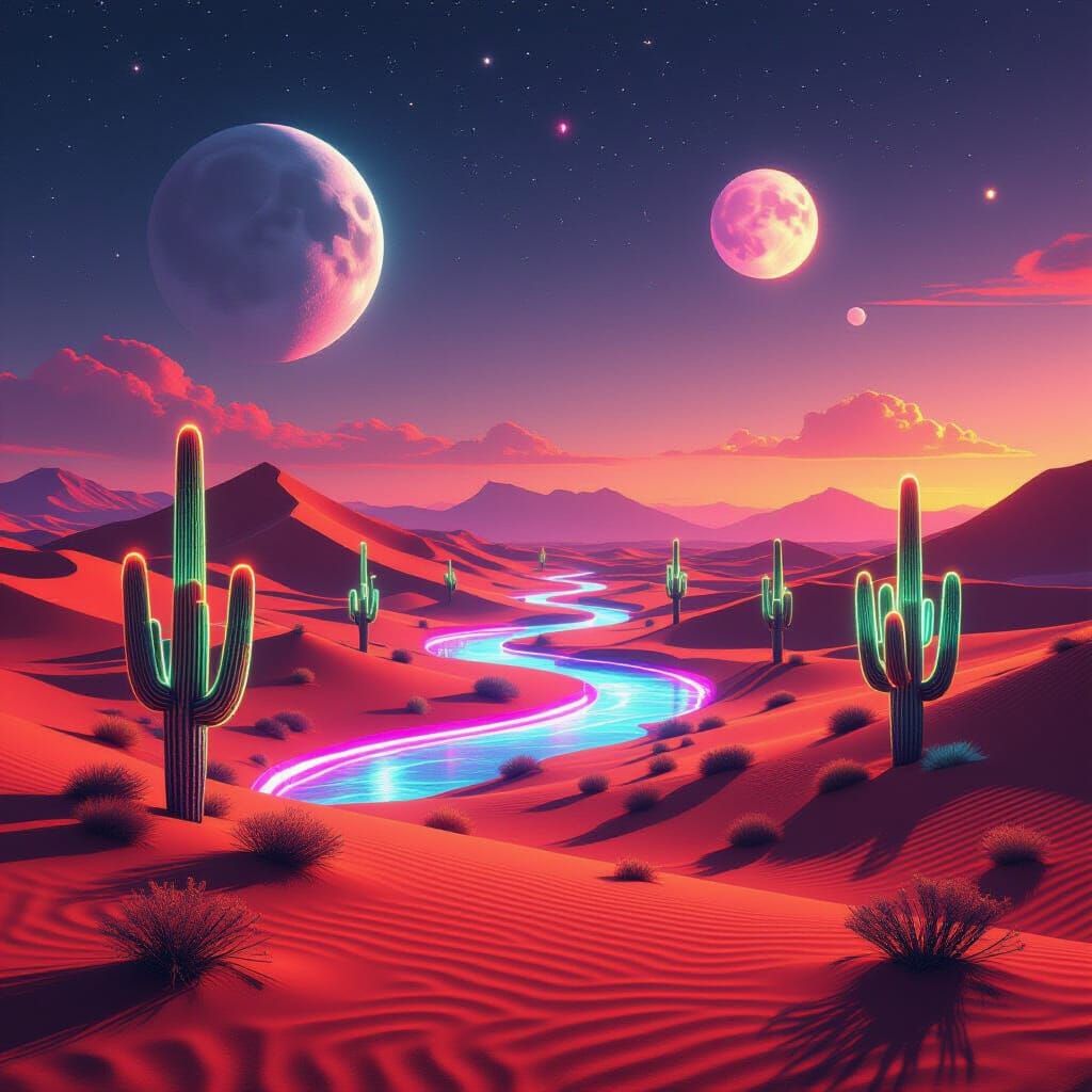 Futuristic Desert Landscape with Floating Dunes and Neon Cac...