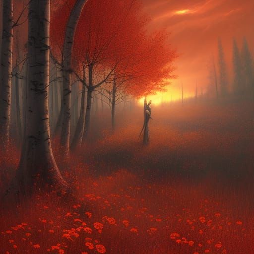 Victorian Gothic Roses Under a Crimson Sky