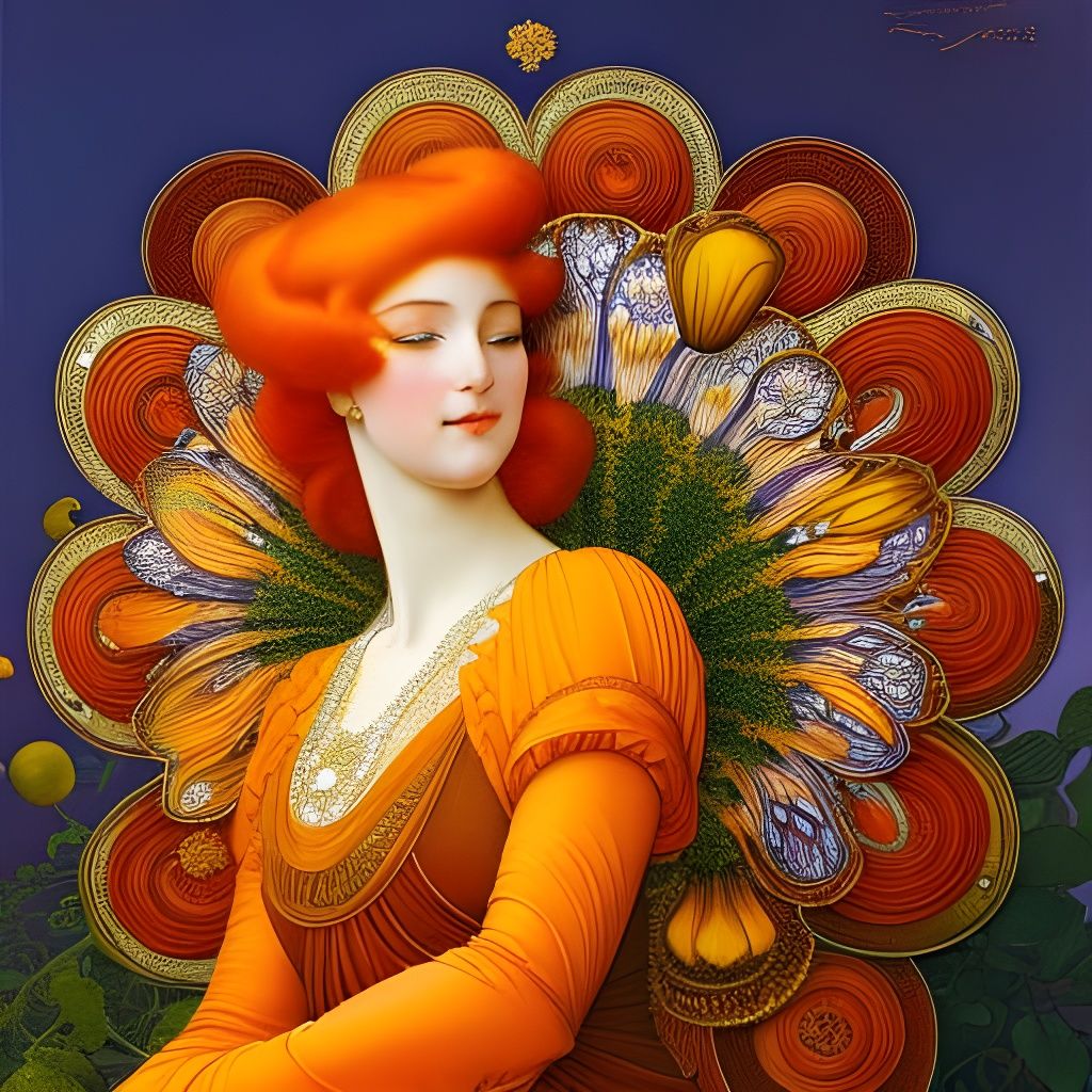Orange-Haired Girl with Flowers in Art Nouveau Style