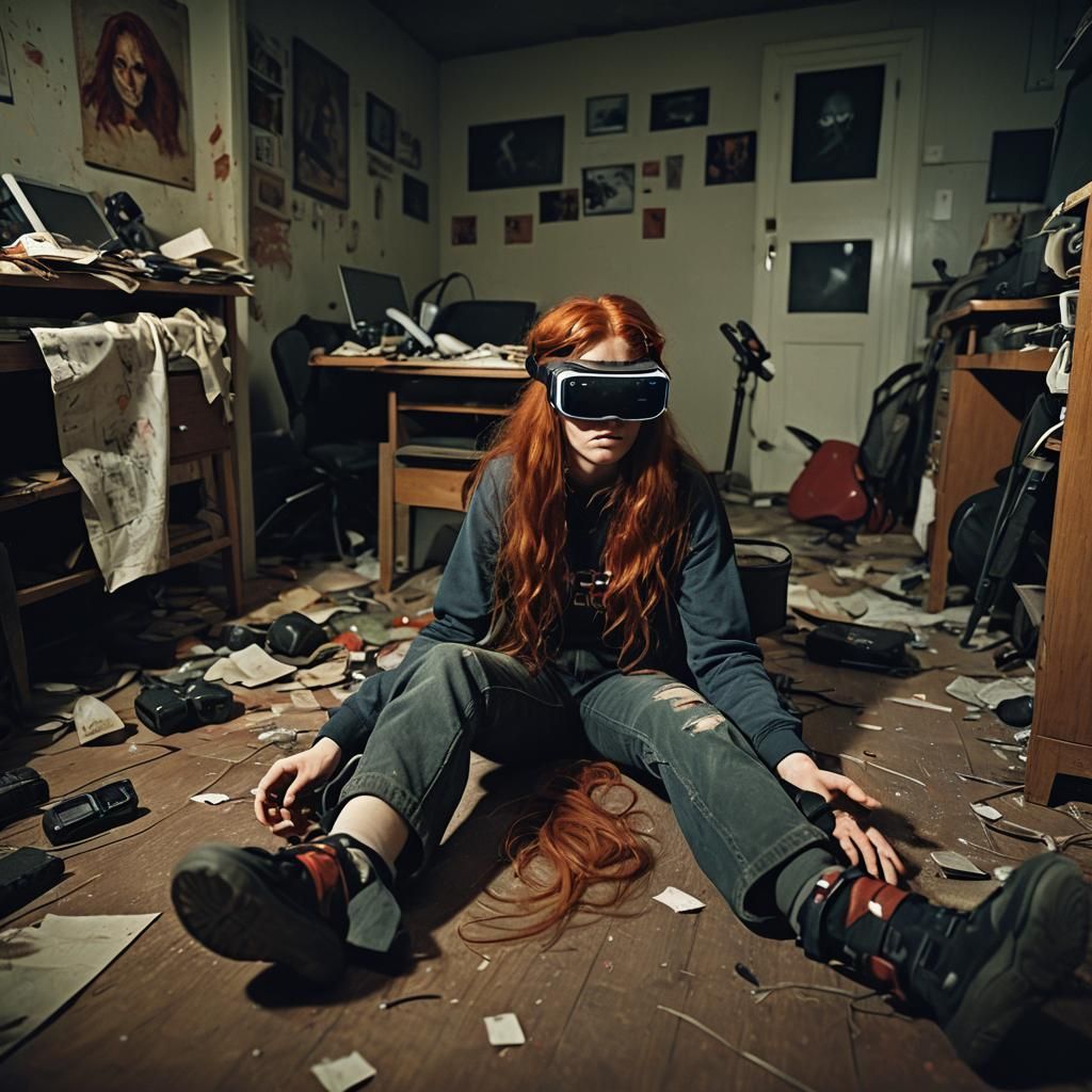 Terrified Girl in VR Headset: Cinematic Film Still