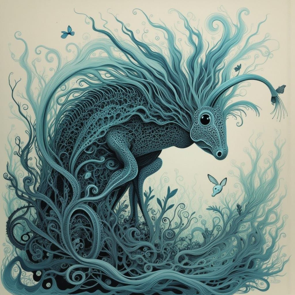 Surreal Whimsical Alien Ink Wash Painting