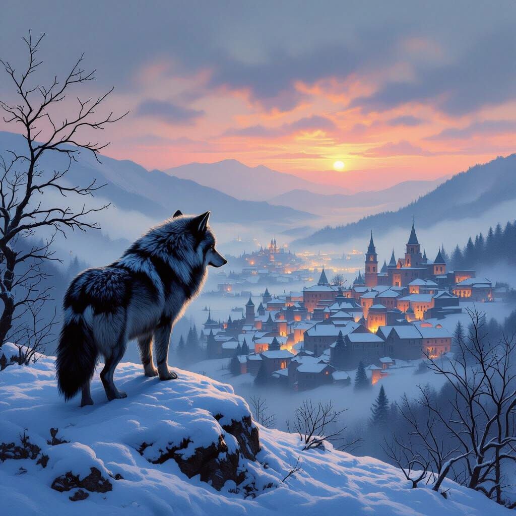 Frosted Wolf Overlooks Dusk Village in Baroque Style