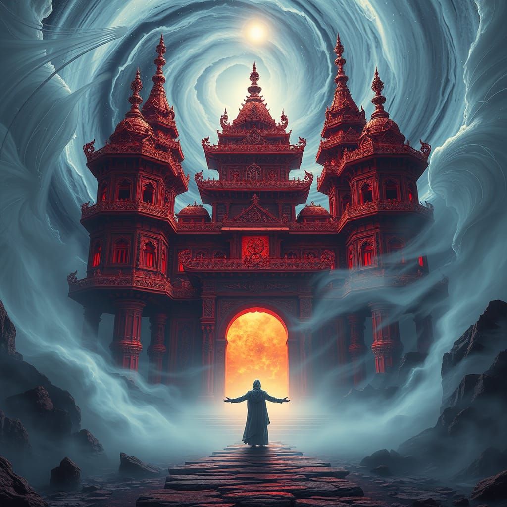 Ancient Eastern Castle in Swirling Solar Wind