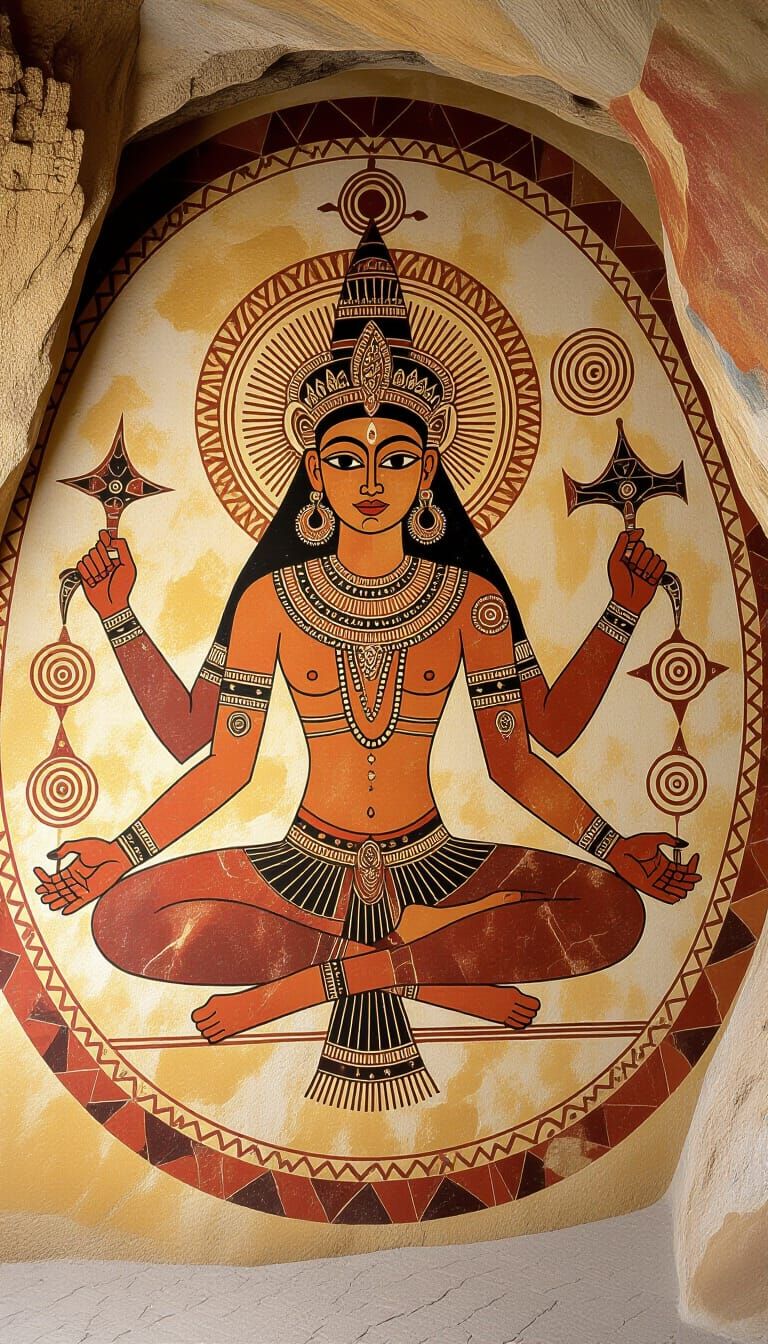 Ancient Cave Deity Meditates in Primitive Art Style
