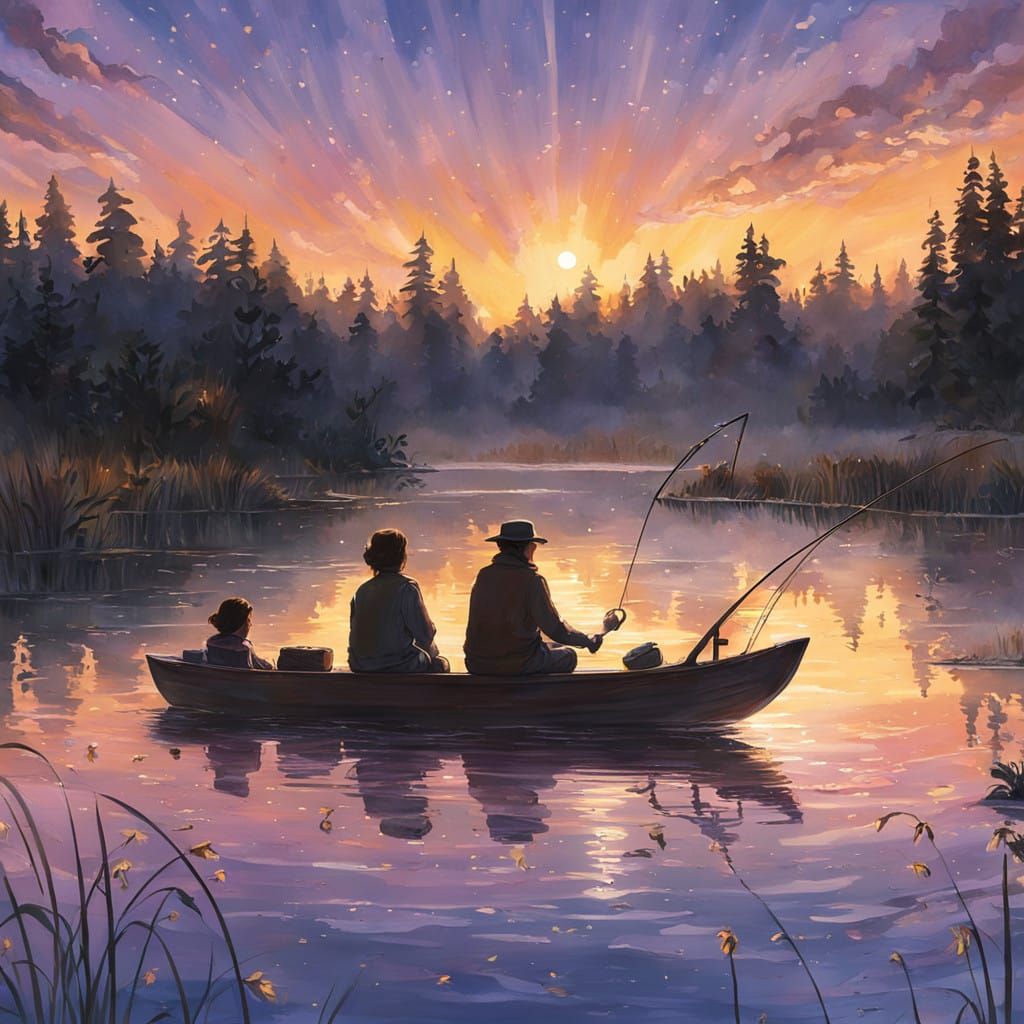 Father-Son Fishing Scene in Warm Sunset Light