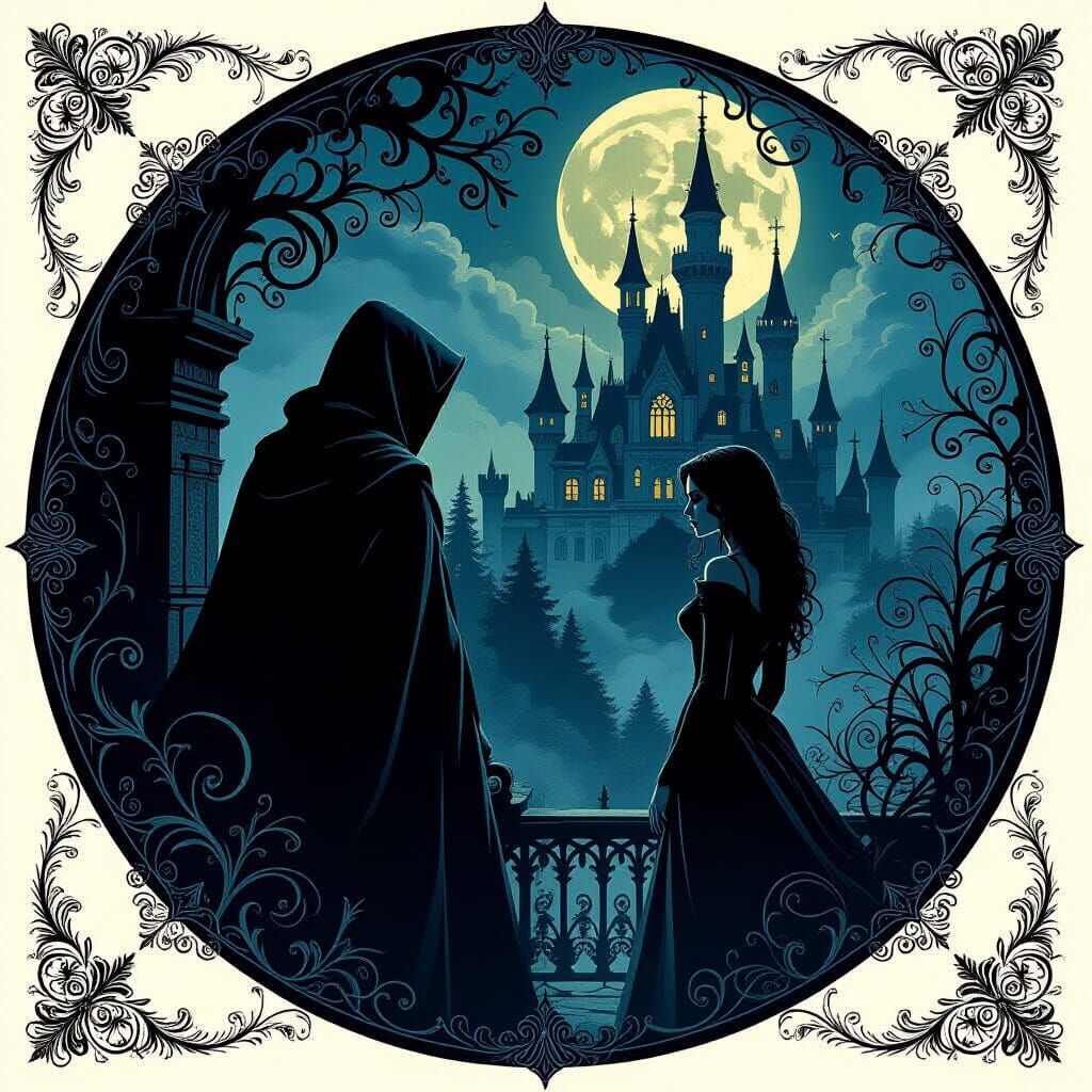 Gothic Romance Castle Scene with Cloaked Watcher