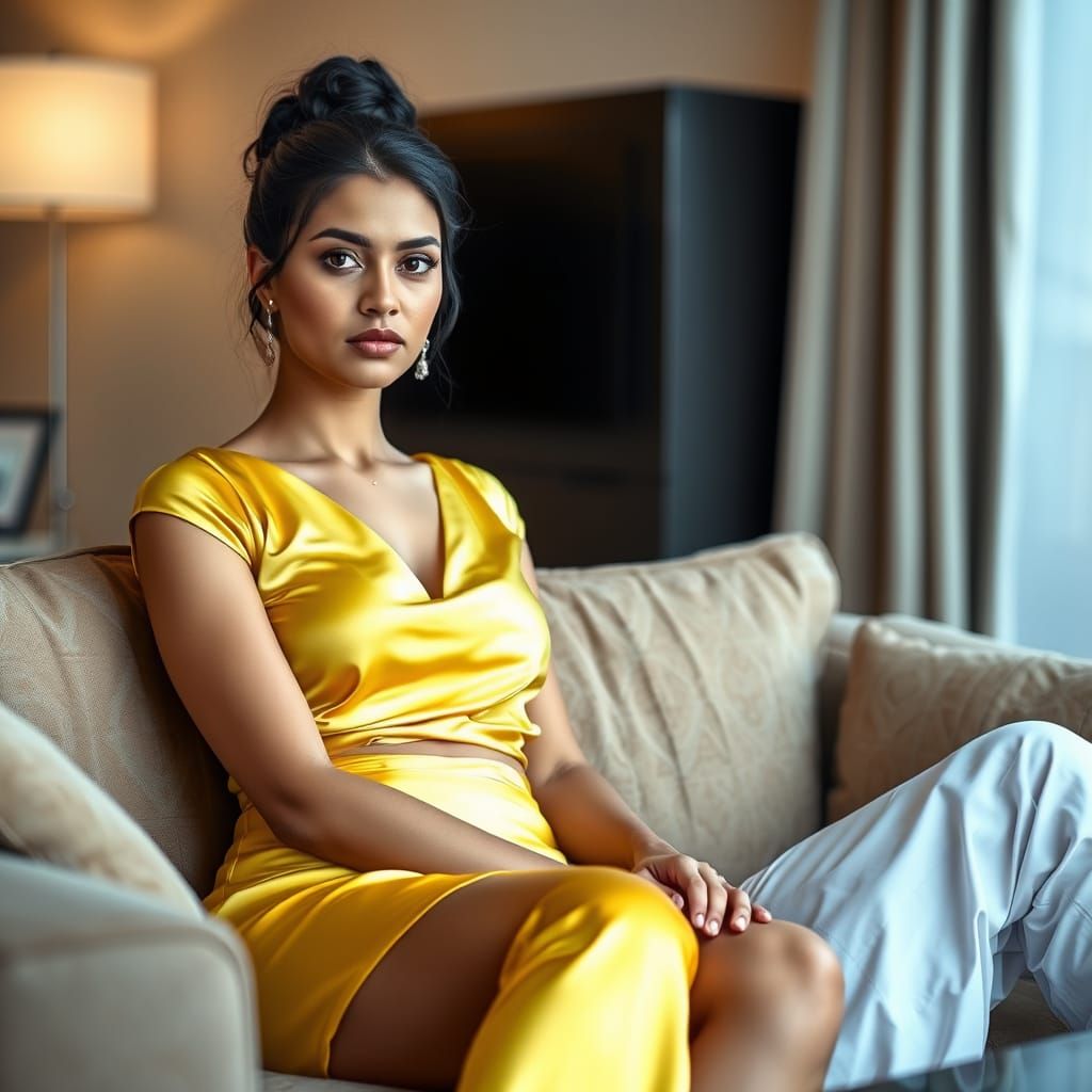 Indian Woman in Yellow Silky Outfit on Sofa