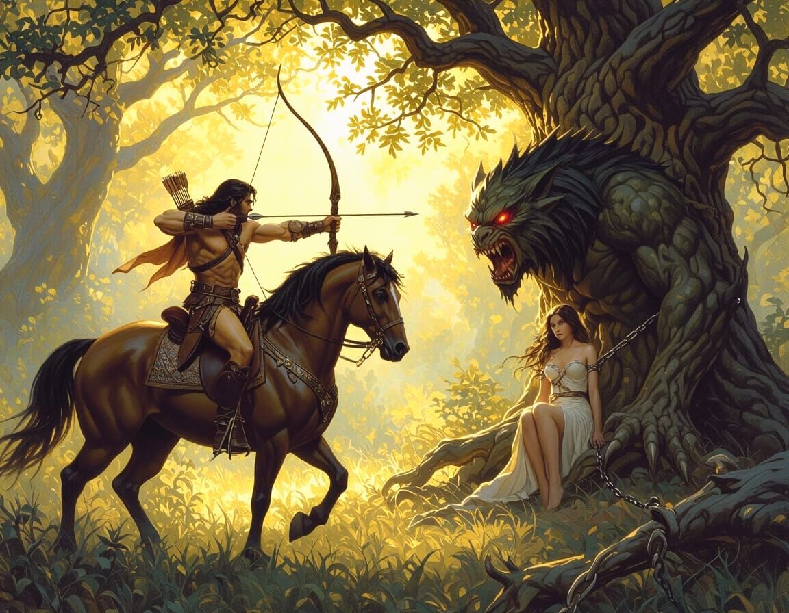 Archer Rescues Woman From Monster in Oil Painting Style