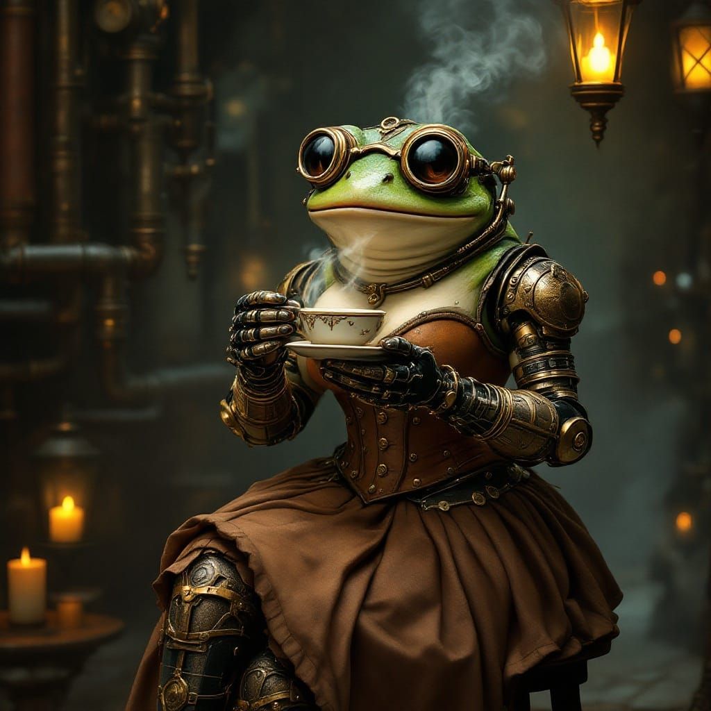 Steampunk Frog Sips Coffee in Whimsical Victorian Setting