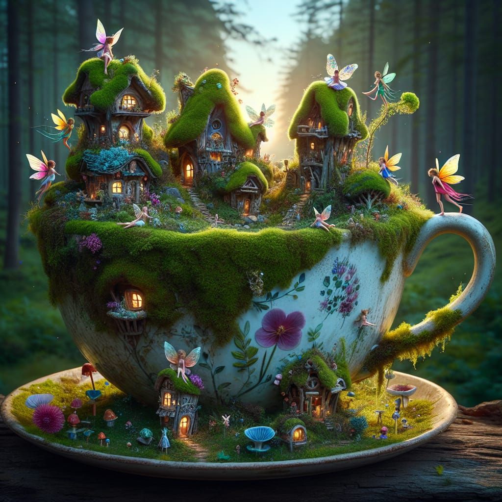 Fairy Village in a Teacup at Twilight