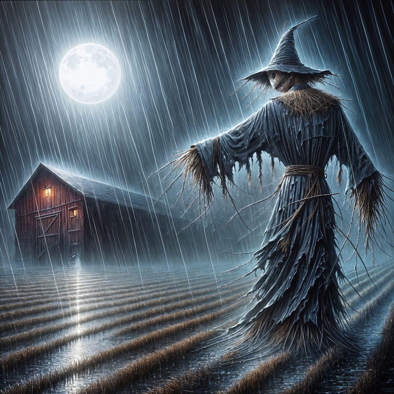 Mysterious Scarecrow in Moonlit Field